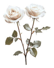 Beautiful Soft White Roses with Green Leaves Isolated on Black Background, Isolated on Transparent Background