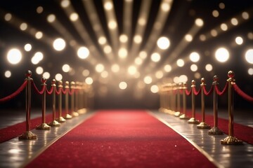 entrance, golden poles and red carpet on stage with bokeh spotlight