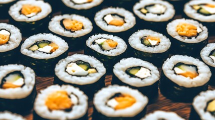 Close up of assorted sushi rolls on display