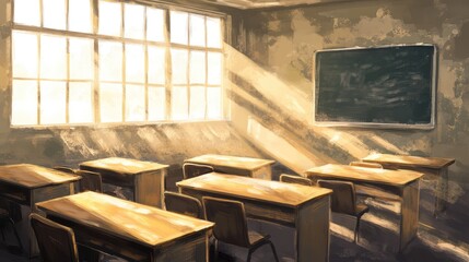 Blurry classroom background with wooden desks, chalkboard, and bright natural lighting for an educational theme. No text, no people.