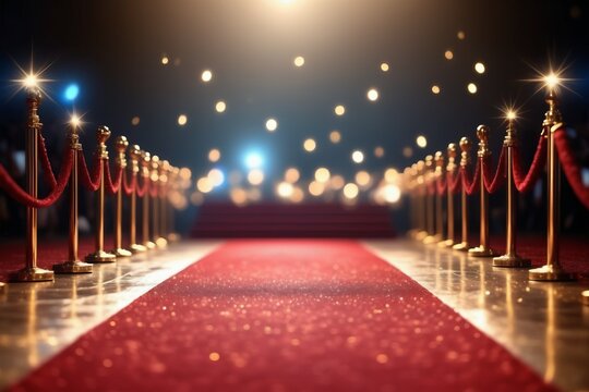 entrance, golden poles and red carpet on stage with spotlight