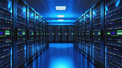 Fototapeta premium Futuristic data center with glowing blue lighting, rows of high-tech server racks, and reflective flooring. Ideal for tech ads, cloud services, AI infrastructure themes