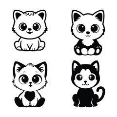 Fototapeta premium Adorable black and white vector illustration of four cartoon kittens with big eyes, sitting in different cute poses