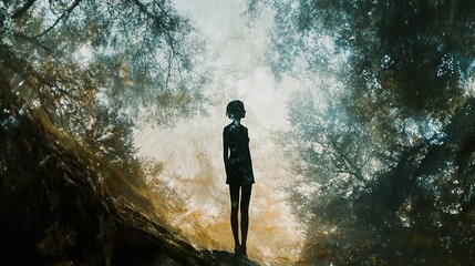 Fototapeta premium Silhouette of a Woman in a Dreamlike Forest