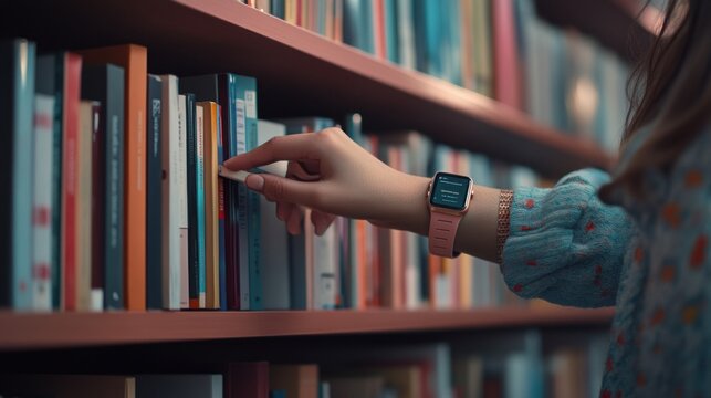 Students hand with smartwatch picking book from bookshelf