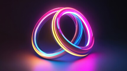 Glowing neon rings with light flares, floating in a dark environment, creating a futuristic abstract composition. No text, no people.