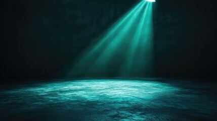 Fototapeta premium Green spotlight effect on a blank floor, with the light spilling outwards and gradually fading into the darkness. No text, no people.