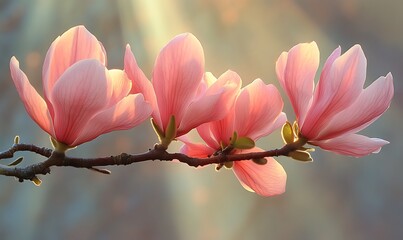 Blooming Pink Magnolia Flowers with Sunlight on Branch in Spring