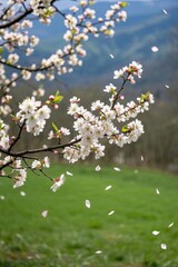 there is a tree with white flowers in the middle of a field