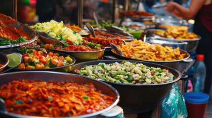 Obraz premium Various savory food selections are displayed at an outdoor street market