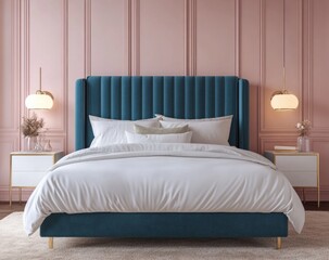 Teal velvet upholstered bed in a pink room.
