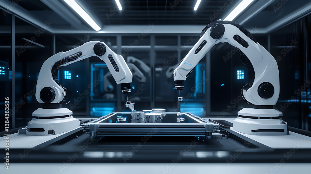Poster a high tech ai controlled 3d printing lab with robotic arms assembling complex materials for space e