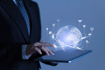 Virtual Global Internet connection. Business technology and digital marketing. Financial, banking, big data, e-commerce, cloud computing, solution of creating new opportunities.