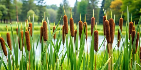 Vintage Photo: Typha Latifolia Cattails in Green Grass Park - High Resolution Image