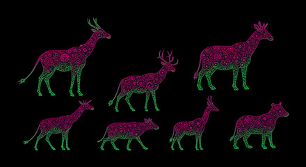 Obraz premium Vibrant Geometric Animal Silhouettes with Neon Gradient Pattern Isolated On Black
