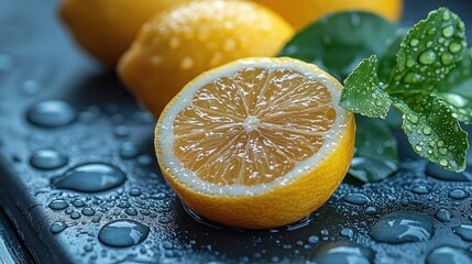 Fresh cut lemon and lush green leaf with glistening water droplets scene