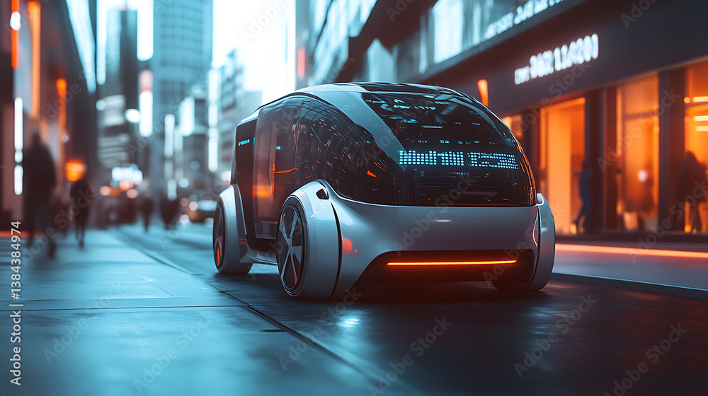 Poster a high tech ai controlled autonomous delivery vehicle navigating through a smart city with real time