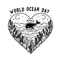 Hand-drawn World Ocean Day design featuring a whale, heart, ocean waves, and sea plants.