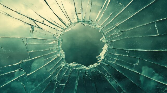 Transparent cracked glass effect with visible fractures and splinters, creating a dramatic texture with copy space in the center. No text, no people.