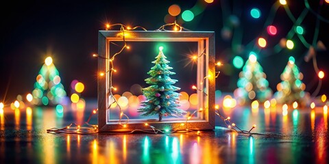 Obraz premium Abstract Pastel Neon Christmas Frame, Tilt-Shift Effect, Dark Background Stock Photo