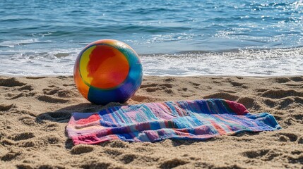 Obraz premium Vibrant beach scene featuring a colorful ball and patterned towel on sandy shore