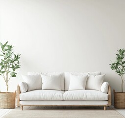 Simple, neutral living room featuring a white sofa and potted plants
