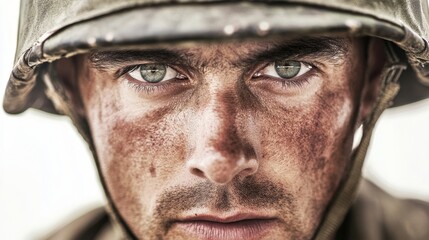 Intense Focus of a Soldier - Close-up Portrait with Helmet on White Background