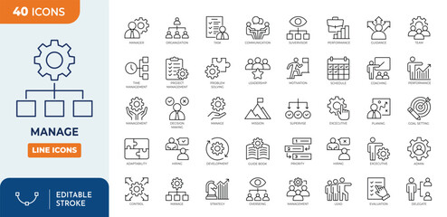 Manage icon set. Containing management, project, supervision, leadership, admin, teamwork, planning, manager and more. Outline Icon Collection. Vector illustration. Editable stroke	