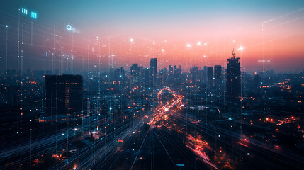 Naklejka premium A high tech AI controlled environmental monitoring system tracking air quality and pollution levels in real time across urban areas, Environmental monitoring style, photo of