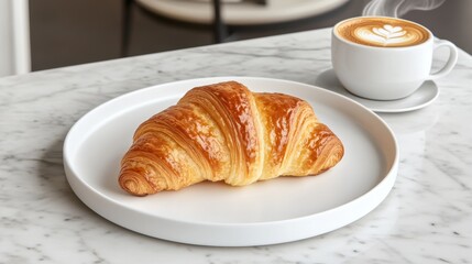 Freshly Baked Croissant on Plate with Coffee in Modern Cafe Setting