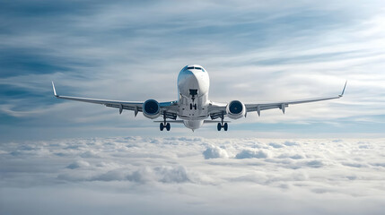 Fototapeta premium Airplane Flying Above Fluffy Clouds