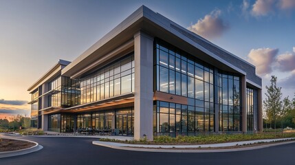 Exterior view of a modern office building with glass facade during sunset