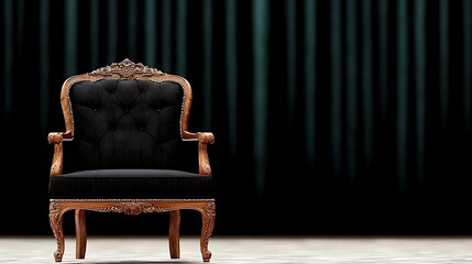 Ornate chair sits on a stage before a dark, teal curtain backdrop