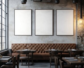 Three blank canvases above a brown leather booth in a restaurant.