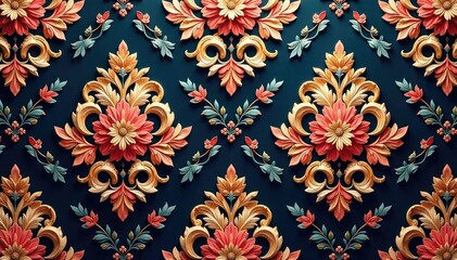 Elegant floral damask textile, intricate design, seamless, fabric
