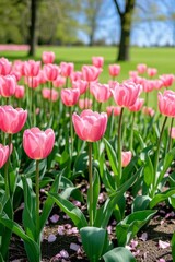 pink tulips in a field of green grass and pink petals