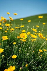 yellow flowers in a field of green grass and a blue sky