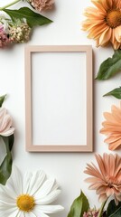 Blank Wooden Frame Surrounded by Peach and White Flowers