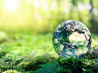 Globe resting on vibrant green moss surrounded by ferns and bathed in warm sunlight. Perfect for Earth Day, eco projects, sustainability campaigns, and green living concepts