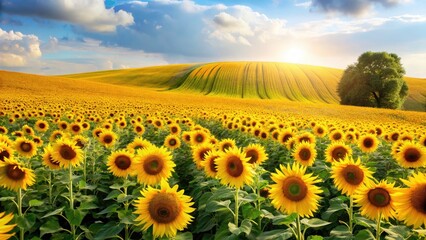 Obraz premium Sunflowers Hillside Golden Landscape - Summer Field Photography