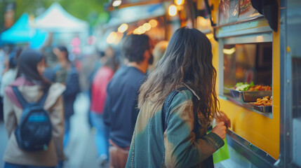Obraz premium People waiting in line at a popular food truck. stock image, hd quality, natural look
