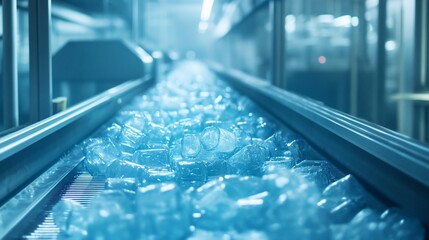 Factory conveyor transporting plastic bottles, industrial production