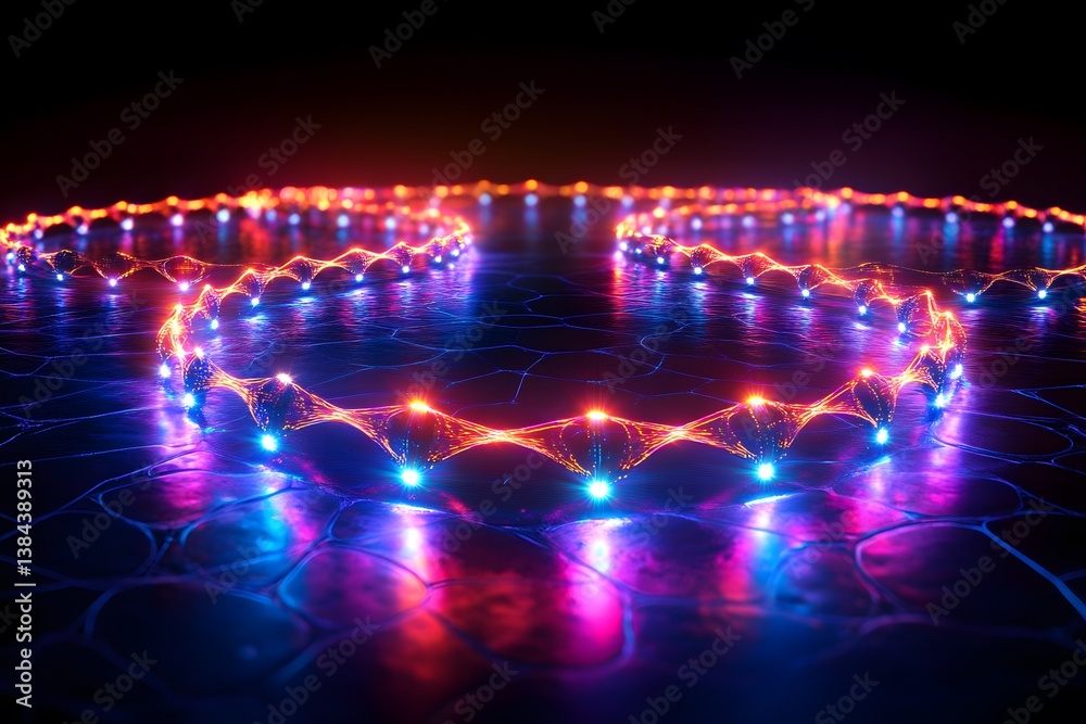 Poster Colorful LED lights glowing in a circular pattern on dark background