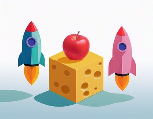 Generation Alpha food menu: A charming isometric of colorful Cheese & Apple Rockets food icons on a white background.