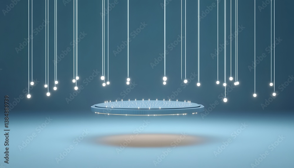 Poster floating platform with suspended lights against a minimalist background
