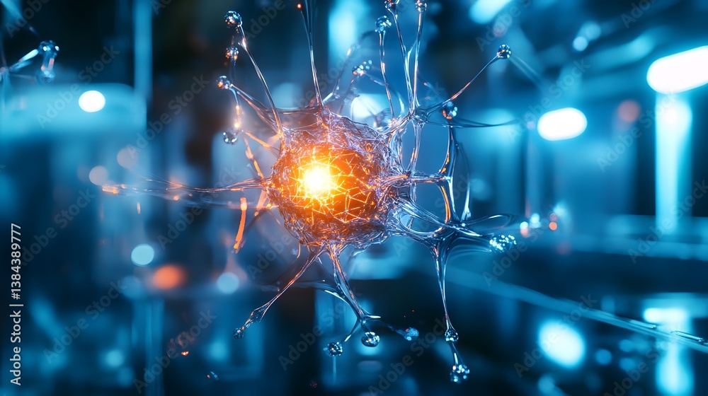 Aufkleber futuristic neuron model with glowing core in high-tech environment