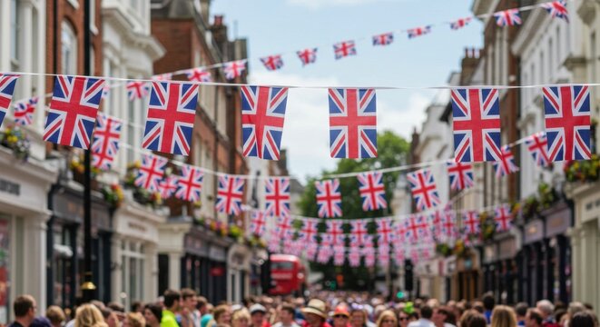 British Street Celebration Union Jack Flags Festive Atmosphere London England