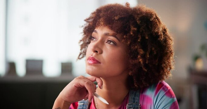 Education, girl and thinking of study in home for university exams, academic assignment and test solution. Gen z person, student and thoughtful with stylus in apartment for remember and concentration