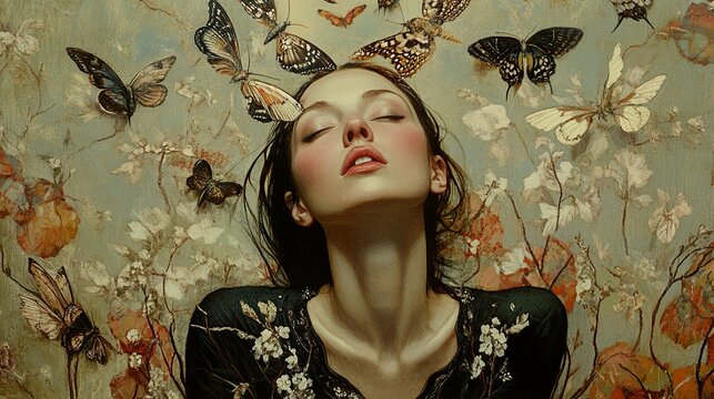 Serene Woman with Butterflies and Flowers