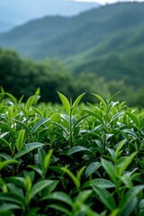 Obraz premium arafed view of a field of green plants with mountains in the background